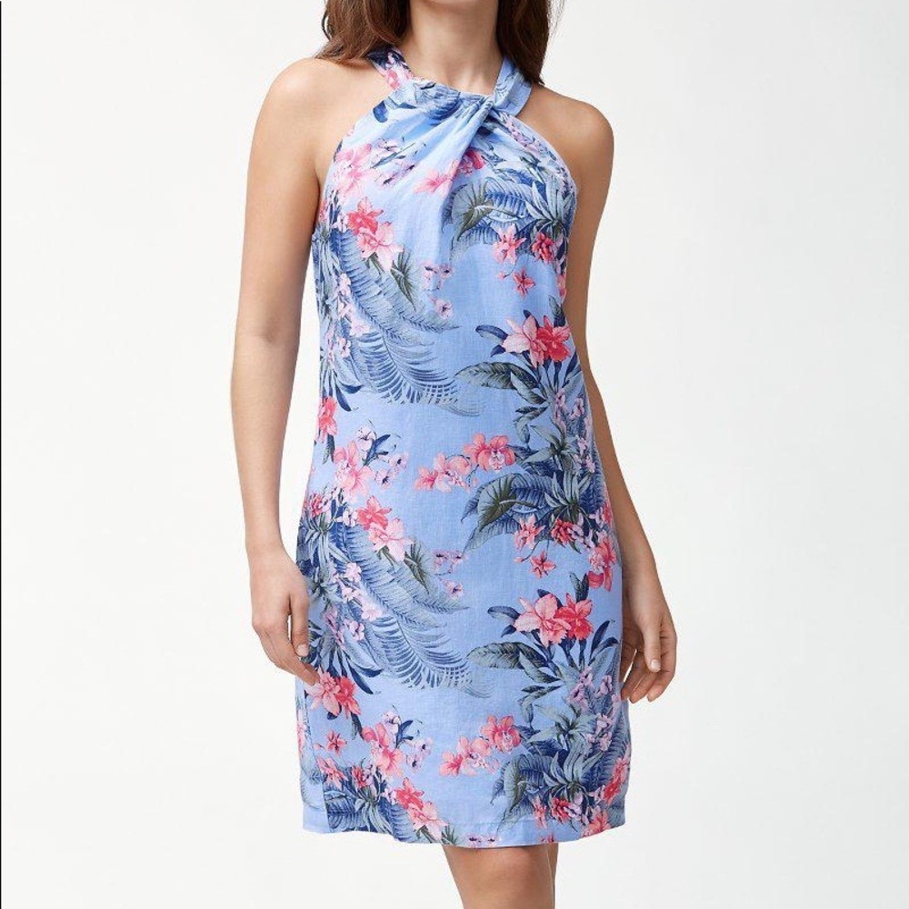 Tommy Bahama Madeira Blooms Linen Halter Dress M Dusty Lupine Tropical Resort